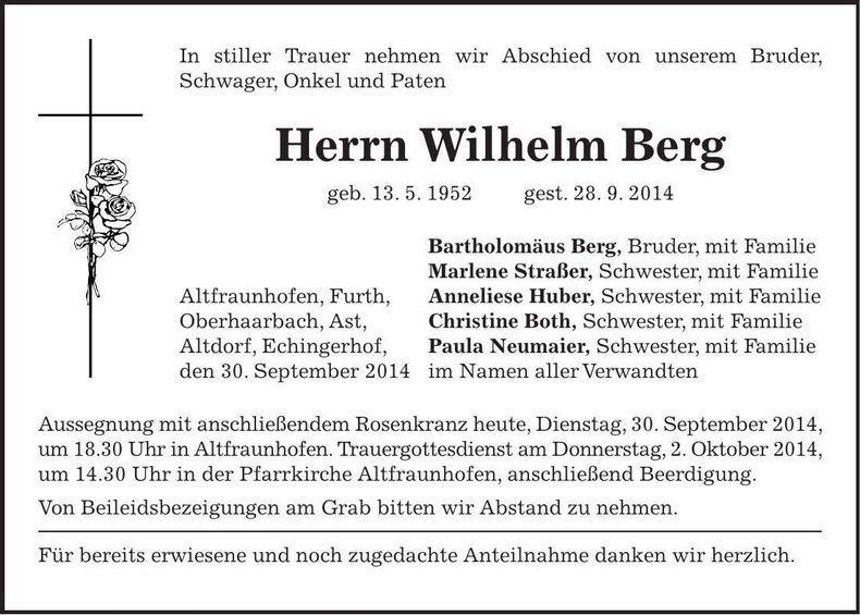 Traueranzeige Wilhelm Berg