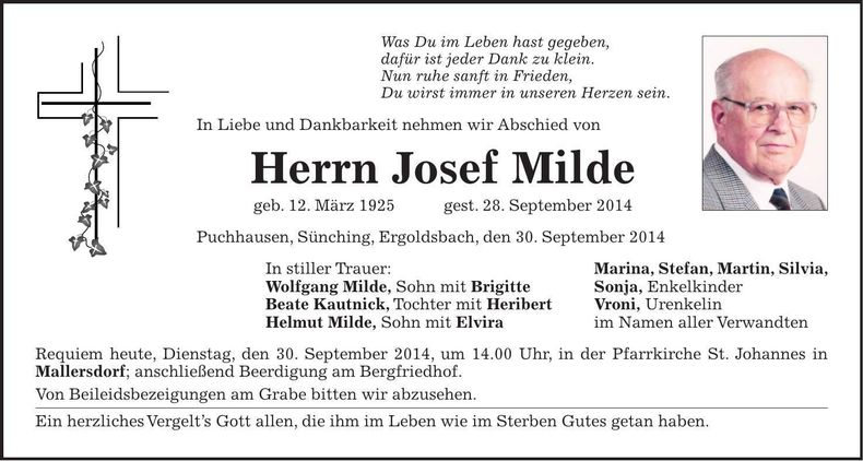 Traueranzeige Josef Milde
