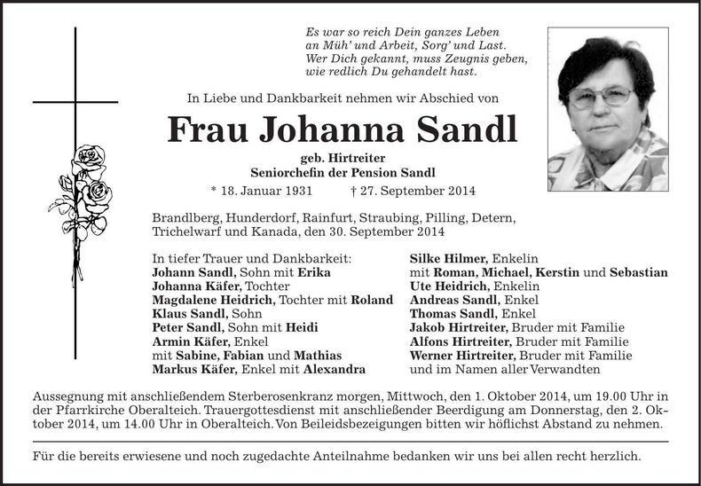 Traueranzeige Johanna Sandl