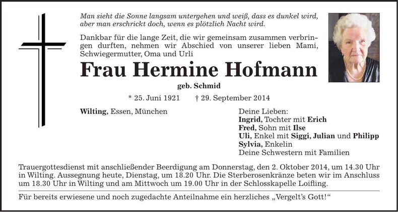 Traueranzeige Hermine Hofmann