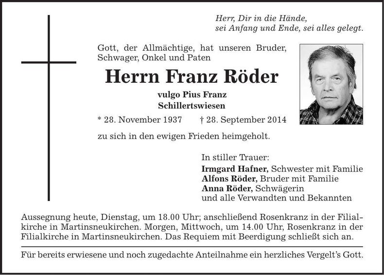 Traueranzeige Franz Röder