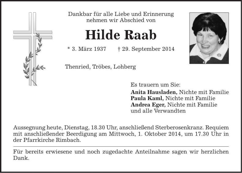 Traueranzeige Hilde Raab