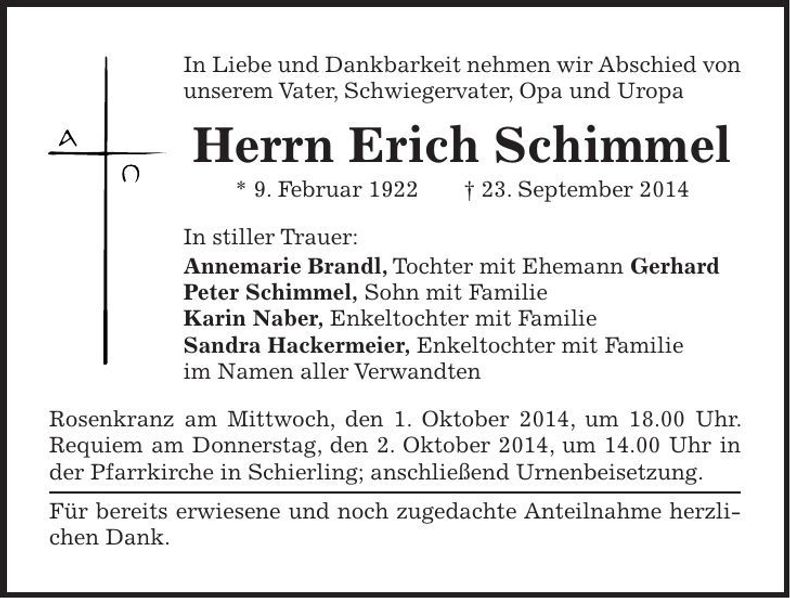 Traueranzeige Erich Schimmel