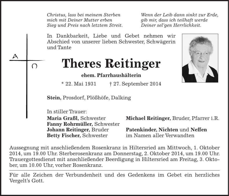 Traueranzeige Theres Reitinger
