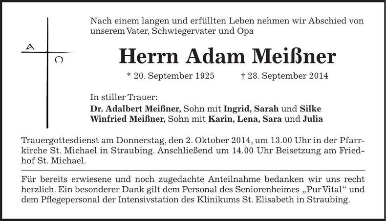 Traueranzeige Adam Meißner
