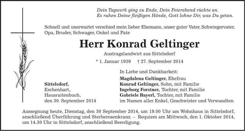 Traueranzeige Konrad Geltinger