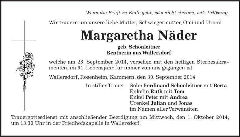 Traueranzeige Margaretha Näder