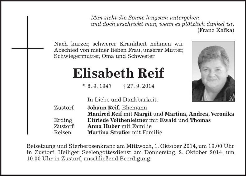 Traueranzeige Elisabeth Reif