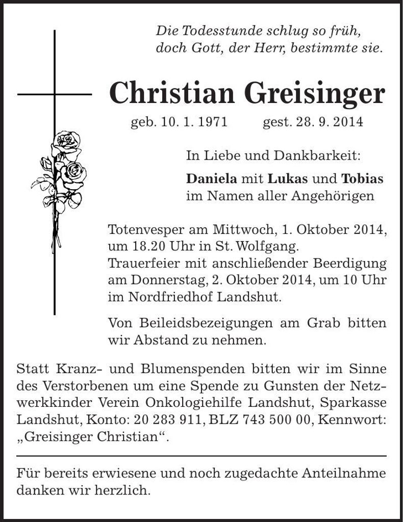 Traueranzeige Christian Greisinger