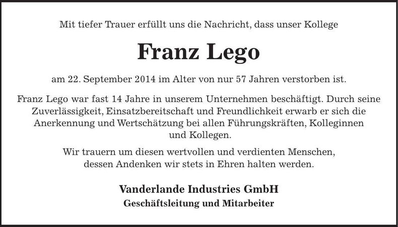 Traueranzeige Franz Lego