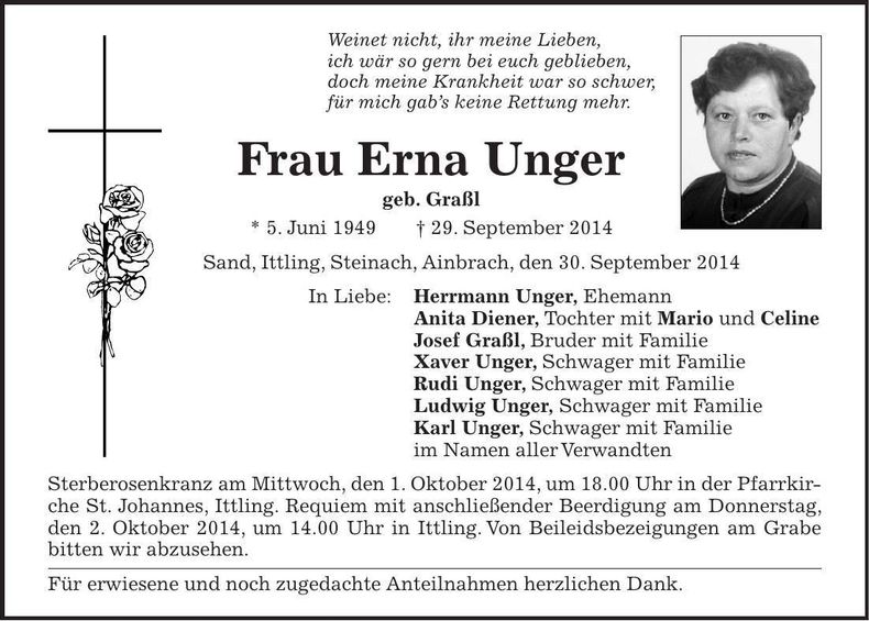 Traueranzeige Erna Unter