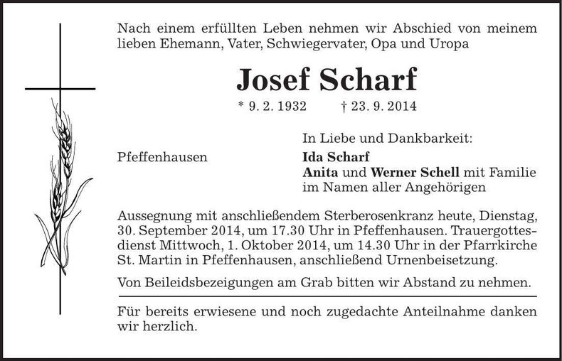 Traueranzeige Josef Scharf