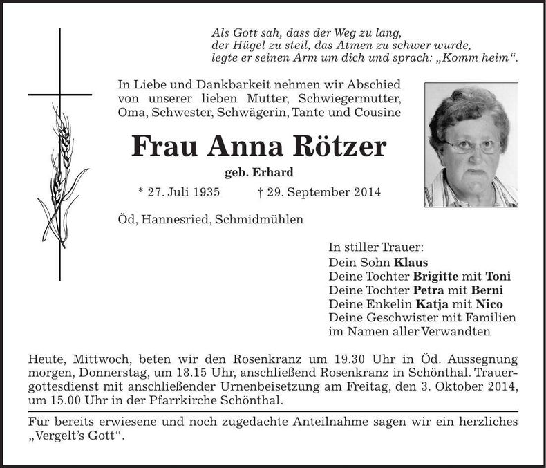 Traueranzeige Anna Rötzer