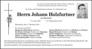 Traueranzeige Johann Holzfurtner