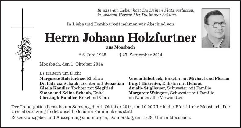 Traueranzeige Johann Holzfurtner