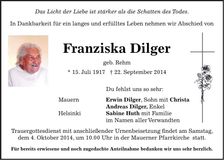Traueranzeige Franziska Dilger