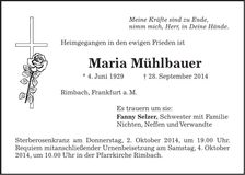 Traueranzeige Maria Mühlbauer