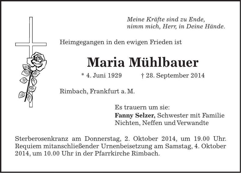 Traueranzeige Maria Mühlbauer