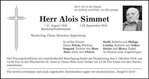 Traueranzeige Alois Simmet