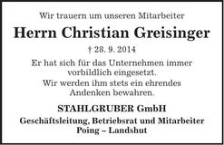 Traueranzeige Christian Greisinger