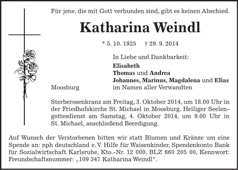 Traueranzeige Katharina Weindl