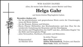 Traueranzeige Helga Gahr
