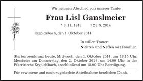 Traueranzeige Lisl Ganslmeier