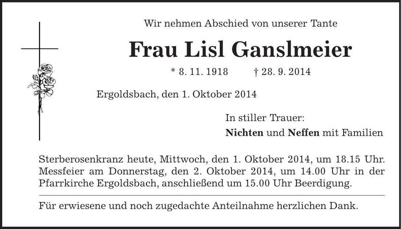 Traueranzeige Lisl Ganslmeier