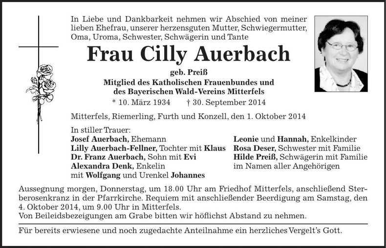 Traueranzeige Cilly Auerbach