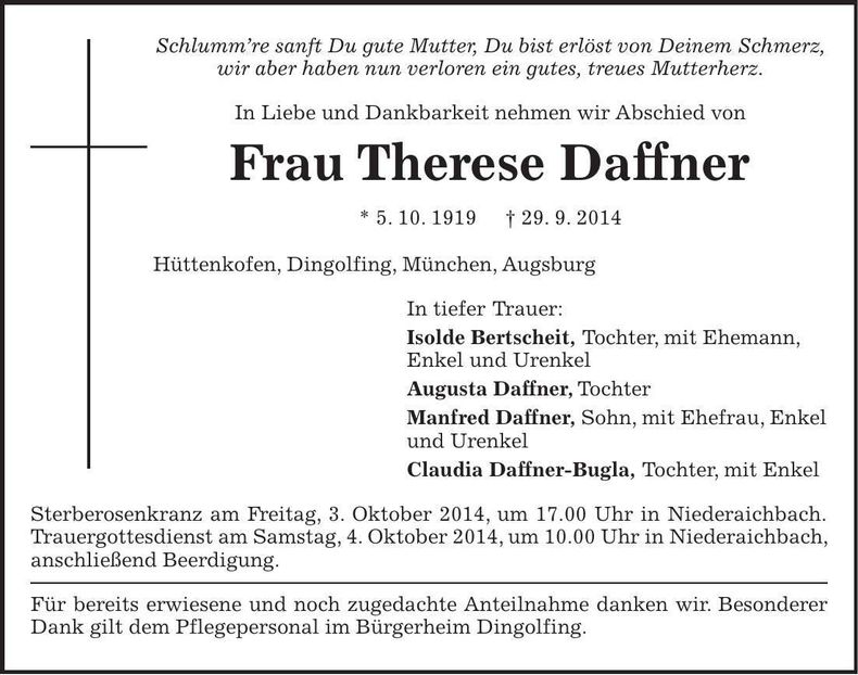 Traueranzeige Therese Daffner