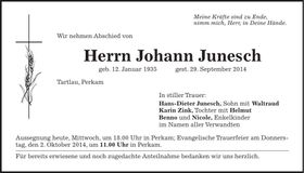 Traueranzeige Johann Junesch