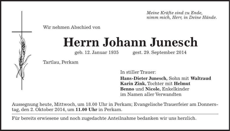 Traueranzeige Johann Junesch