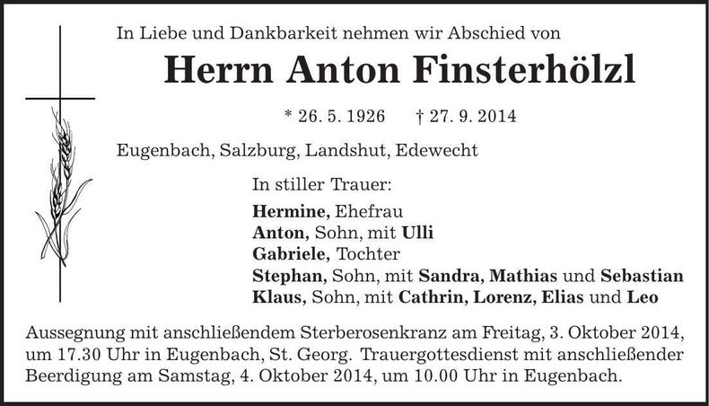 Traueranzeige Anton Finsterhölzl