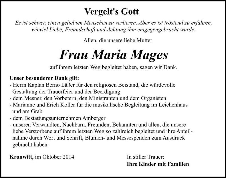Traueranzeige Maria Mages