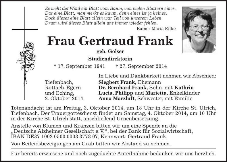 Traueranzeige Gertraud Frank