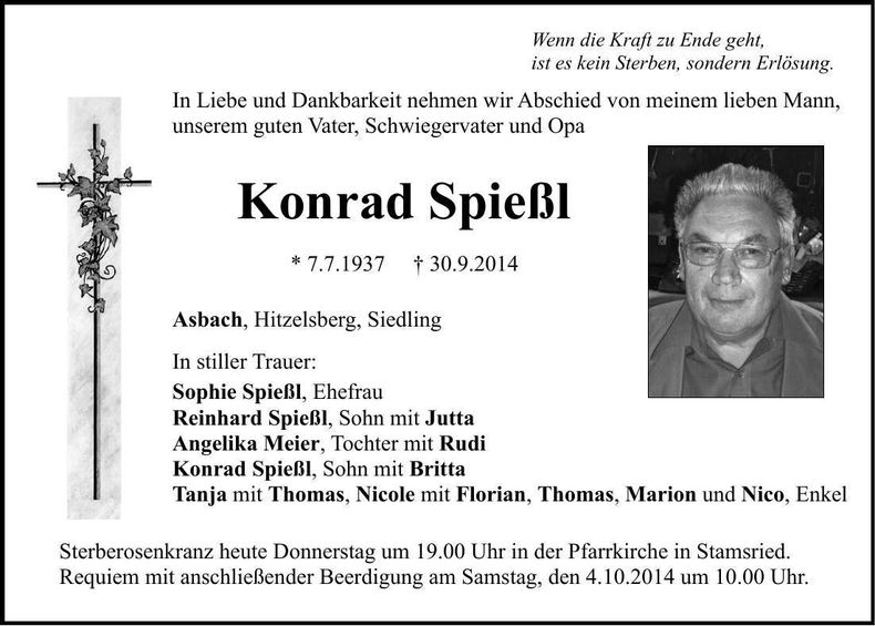 Traueranzeige Konrad Spießl