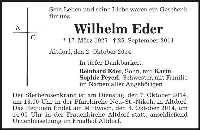 Traueranzeige Wilhelm Eder