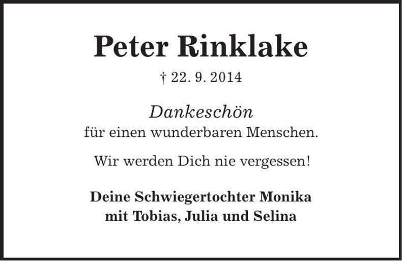 Traueranzeige Peter Rinklake
