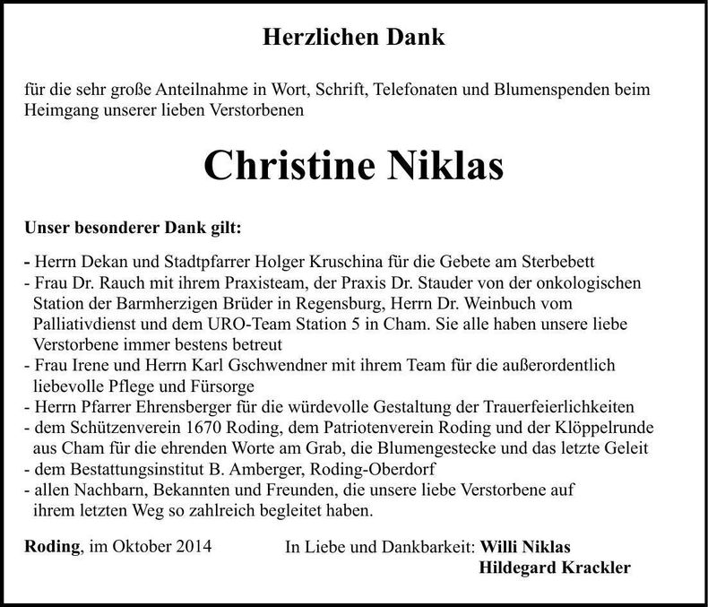Traueranzeige Christine Niklas