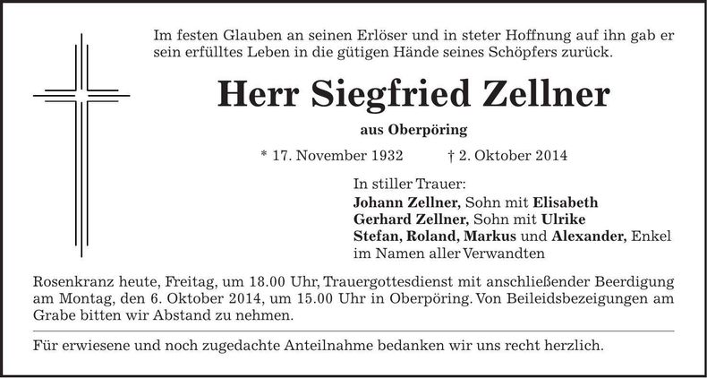 Traueranzeige Siegfried Zellner