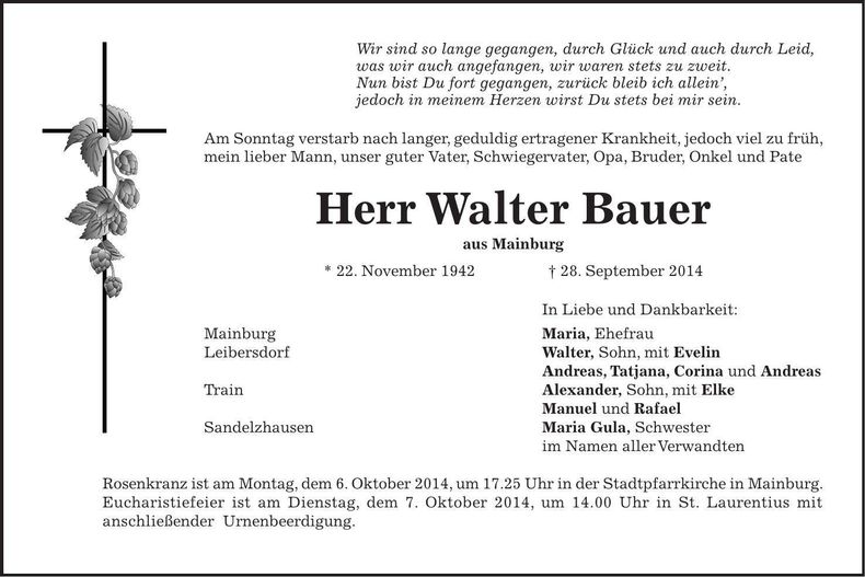Traueranzeige Walter Bauer