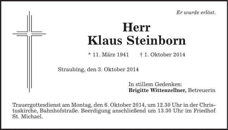 Traueranzeige Klaus Steinborn