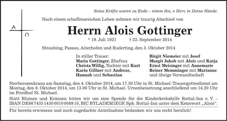 Traueranzeige Alois Gottinger