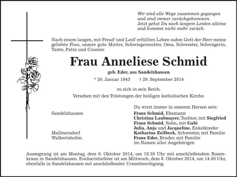 Traueranzeige Anneliese Schmid