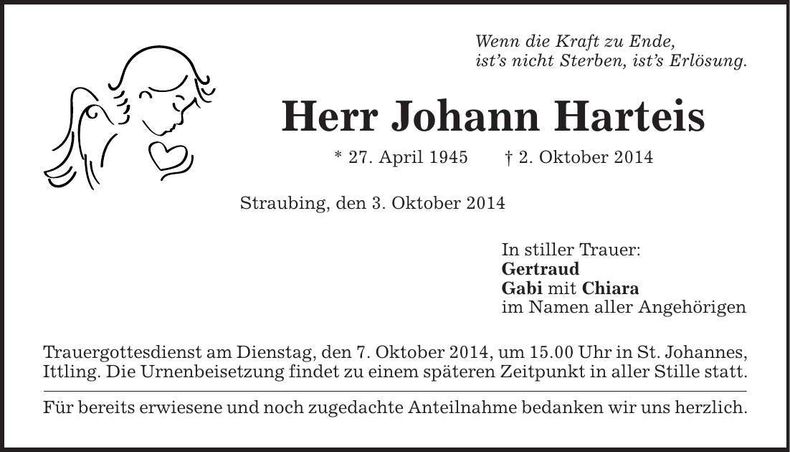 Traueranzeige Johann Harteis