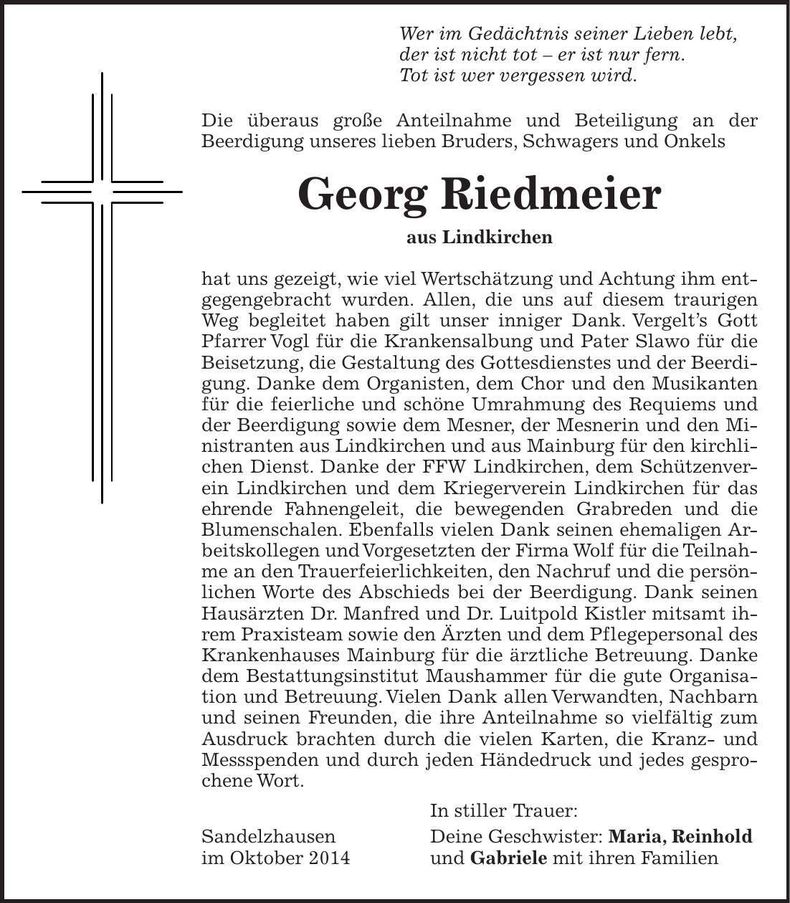 Traueranzeige Georg Riedmeier