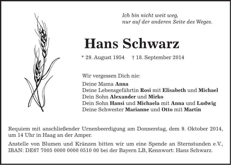 Traueranzeige Hans Schwarz
