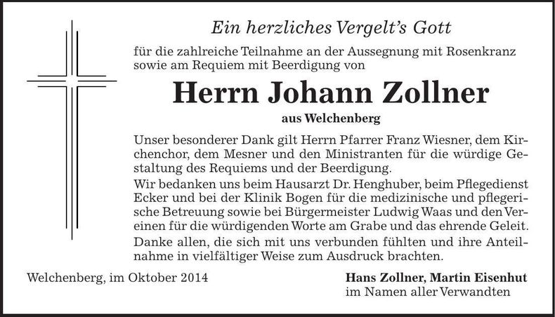 Traueranzeige Hans Zollner