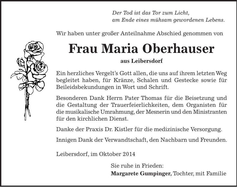 Traueranzeige Maria Oberhauser