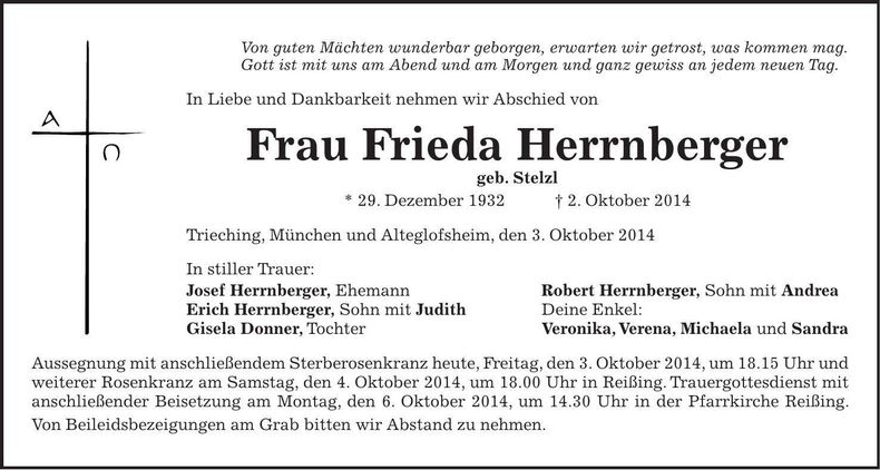 Traueranzeige Frieda Herrnberger